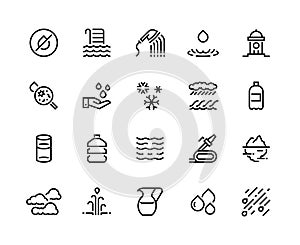 Aqua line icons. Water and liquids in containers such as glass bottle can, rain iceberg sea and geyser water sources