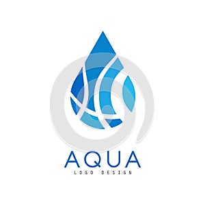 Aqua logo design, corporate identity template with blue water drop, ecology element for poster, banner, card