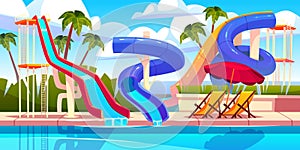 Aqua park attractions. Swimming pool with different types water extreme slides, summer family vacation, kids amusement