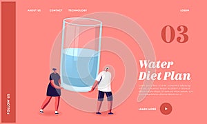 Aqua Refreshment, Wellbeing Landing Page Template. Tiny Characters Carry Huge Glass with Fresh Water. Healthy Lifestyle