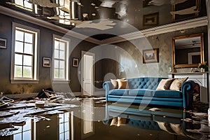 Aqua Retreat: Water Inundating a Living Room - Sofa and Coffee Table Partially Submerged, Family Photographs Floating in the