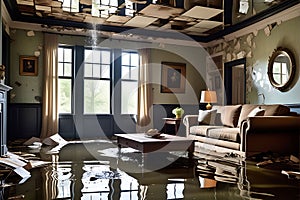 Aqua Retreat: Water Inundating a Living Room - Sofa and Coffee Table Partially Submerged, Family Photographs Floating in the