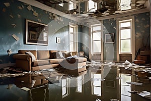 Aqua Retreat: Water Inundating a Living Room - Sofa and Coffee Table Partially Submerged, Family Photographs Floating in the