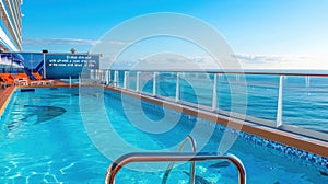 Aqua swimming pool on cruise ship deck, under azure sky