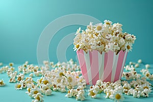 Aqua table adorned with daisies, popcorn, and striped box, perfect for a sweet and vibrant event.