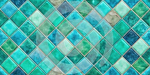 Aqua and teal diamond pattern tile wall texture. Generative AI