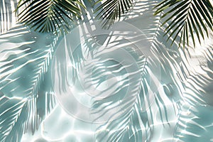 Aqua waves and coconut palm shadow on blue background. Water pool texture top view In the summer