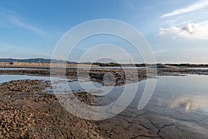 Aquaculture farms and saline alkali land by the sea under the blue sky