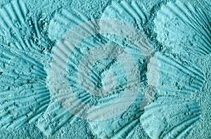 Aquamarine bentonite facial clay alginate modeling mask, eye shadow, body wrap texture close up, selective focus.