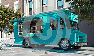 Aquamarine food truck with detailed interior on street. Takeaway. 3d rendering. photo