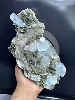 Aquamarine with pink fluorite and muscovite matrix specimen from Nagar valley gilgit Pakistan