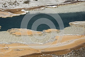 Aquamarine pool in hot springs, geothermal area of Yellowstone caldera, Wyoming.