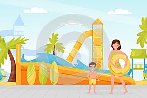 Aquapark with Mom and Son Enjoying Amusement Water Attraction and Slides Vector Illustration