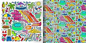 Aquapark objects doodle set and seamless pattern