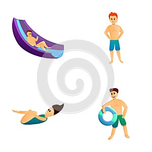 Aquapark recreation icons set cartoon vector. People during summer holiday
