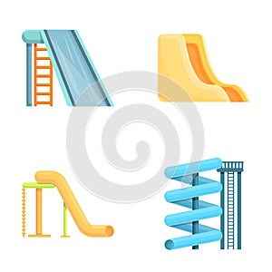 Aquapark slide icons set cartoon vector. Summer holiday in water park