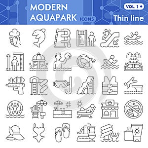 Aquapark thin line icon set, Swimming pool symbols collection or sketches. Water park linear style signs for web and app