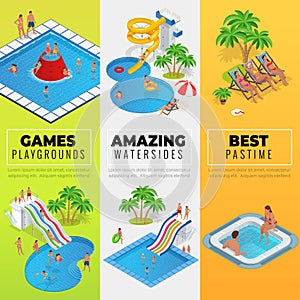 Aquapark vertical web banners with different water slides, family water park, hills tubes and pools isometric vector