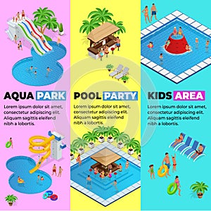 Aquapark vertical web banners with different water slides, family water park, hills tubes and pools isometric vector