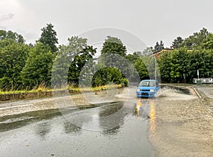 Aquaplaning on a road after a storm