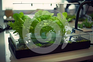 aquaponics system, with close-up of the fish and plant ecosystem