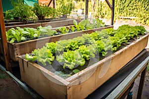 aquaponics system with grow beds filled with lettuce, herbs and other leafy greens