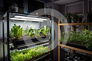 aquaponics system with grow lights and plants growing on vertical wall