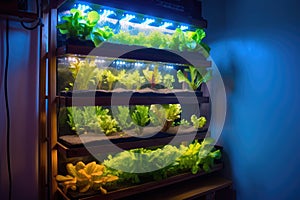 aquaponics system with grow lights and plants growing on vertical wall