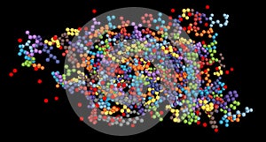 Aquaporin, integral membrane protein molecule. Also called water channels. Atoms of different amino acids are represented with