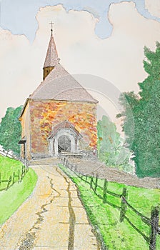 Aquarel painting of a small chapel in the woods