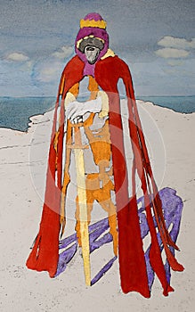 Aquarel Painting of the Statue of King Arthur in Tintagel, GB