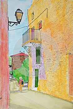 Aquarel of street in Roussillon
