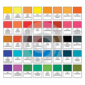 Aquarelle basic palette, set NÂ°40. Main watercolor essential pigment samples with catalogue swatch numbers and names.