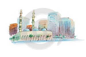 Aquarelle cityscape with mosque watercolor illustration