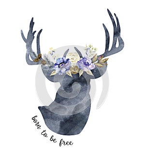 Aquarelle deer head silhouette decorated with flowers