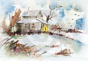 Aquarelle drawing of country landscape