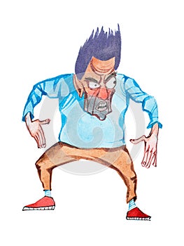Aquarelle drawing of furious cartoon man standing in attacking or threatening pose