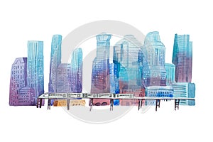 Aquarelle drawings cityscape skyline downtown watercolor illustration.