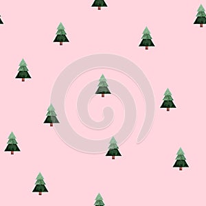 Aquarelle hand drawn seamless pattern made of green christmas trees on pink background. Web