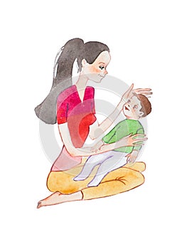 Aquarelle hand-painted drawing of young mother sitting on floor holding her baby son stroking his head