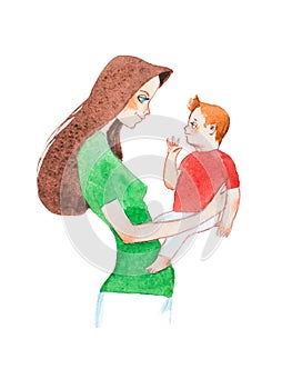 Aquarelle illustration of beautiful young mother holding her baby son hugging and lulling to sleep