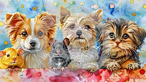 Aquarelle illustration of cute domestic animals. Doggies and hamster friends
