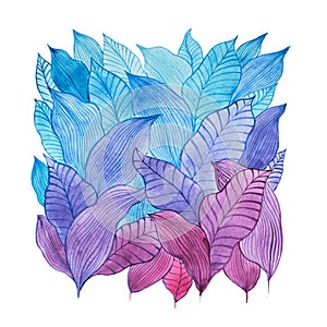 Aquarelle illustration of overlapping leaves drawn with cool color combination