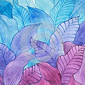 Aquarelle illustration of overlapping leaves drawn with cool color combination