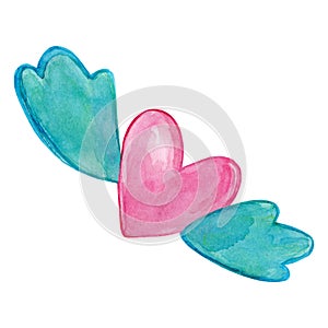 Aquarelle illustration of pink heart with seagreen wings isolated on the white background. Handdrawn artwork