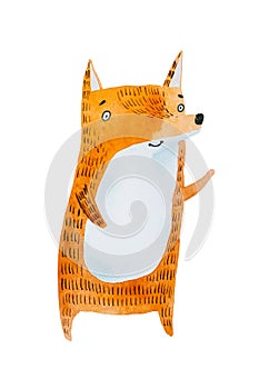 Aquarelle painting of cute cartoon little red fox isolated on white background