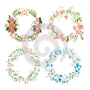 Aquarelle painting of floral wreath made of wild flowers isolated on white background