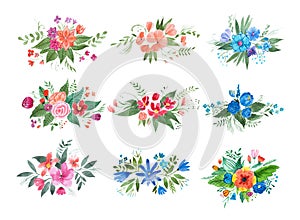 Aquarelle painting of floral wreath made of wild flowers isolated on white background