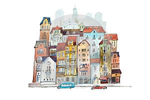 Aquarelle painting of high narrow houses in Europe. Hand drawn postcard old European street on white background