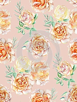 Aquarelle painting roses illustration as a pattern on the light peach background